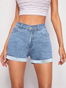 SHEIN ICON 女式蓝色高腰卷边休闲时尚牛仔短裤 - 中等水洗藍 - 查看 1