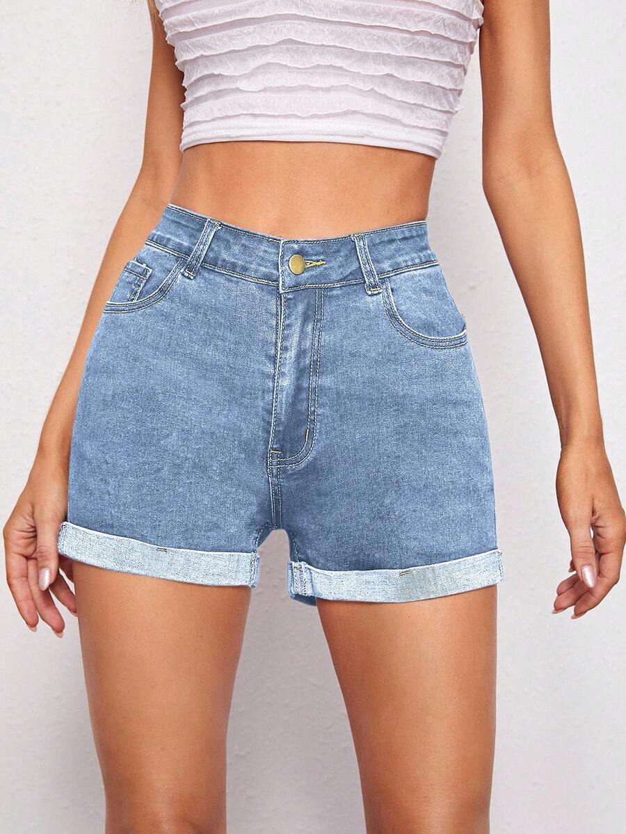 SHEIN ICON 女式蓝色高腰卷边休闲时尚牛仔短裤 - 中等水洗藍 - 查看 1