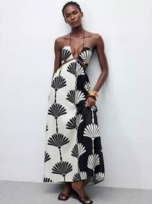 Maija Abito loose con collo a coulisse, effetto colorblock bianco e nero, con stampa, con frange e design traforato, stile casual da vacanza e spiaggia, versatile per primavera/estate