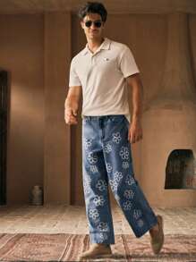 Manfinity VCAY Jeans rectos de cintura media con estampado floral simple y tejido casual para hombres - Azul - Ver 7