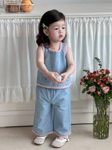 Hapijoa Ensemble blouse sans manches avec ligne décorative style coréen + pantalon large et ample en jean pour tout-petites filles - Jean clair - Voir 6