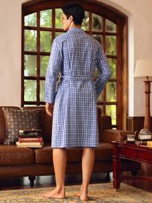 Manfinity Men's Plaid Shawl Collar Long Sleeve Pocket Casual Bathrobe - Blue - View 2