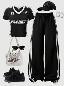 SHEIN Streecool Kids Streecool Teen Girl Casual School Style 2 Pieces Set, Autumn Colorblock Patchwork Print T-Shirt Paired With Contrast Stripe Sports Pants Suit, Suitable For Daily, Commute, Leisure, Vacation, Sisters Street Snap Summer Holiday, Concert Outfit