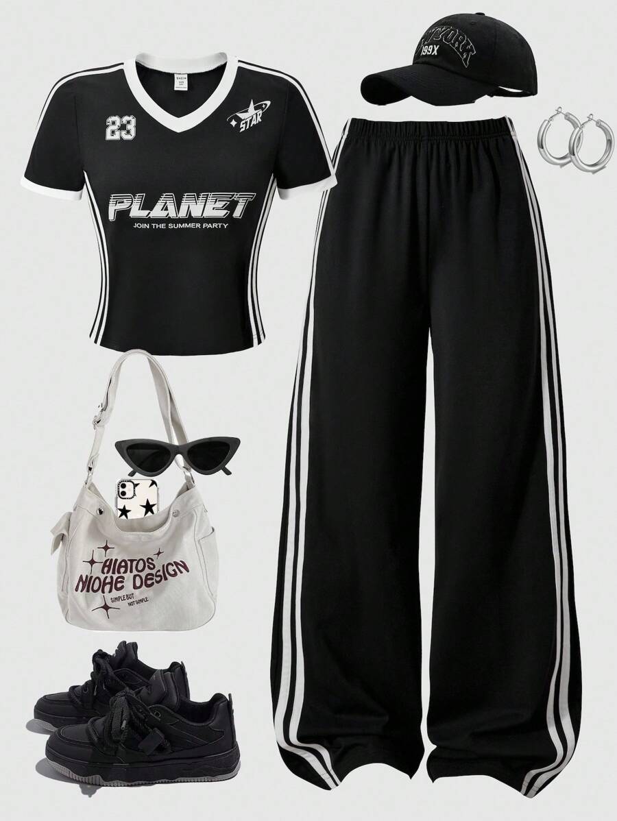 SHEIN Streecool Kids Streecool Teen Girl Casual School Style 2 Pieces Set, Autumn Colorblock Patchwork Print T-Shirt Paired With Contrast Stripe Sports Pants Suit, Suitable For Daily, Commute, Leisure, Vacation, Sisters Street Snap Summer Holiday, Concert Outfit