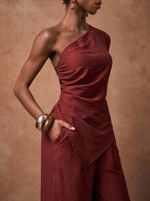 Zivah New Early Autumn Autumn Leisure Vacation Daily Dating Commuting Elegant Beach Cruise Party Simple Internet Celebrity Hot Style Flip One Shoulder Oblique Shoulder Flared Sleeves Short Front And Long Back Sleeves Long Oblique Hem Side Slits Side Seam Gathered Long Top + Elastic Waist Wide Leg Pants Super Long Pants Red Brown Fabric Women's Two Pieces Suit-B,Fall - Redwood - View 5