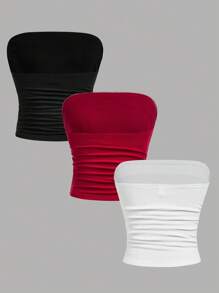 SHEIN Girlism Set de 3 blusas sin mangas de punto acanalado ajustadas con pliegues en los lados, de estilo minimalista y todo a juego para niña preadolescente, en blanco, negro y burdeos. Blusas a juego para madre e hija sin tirantes.