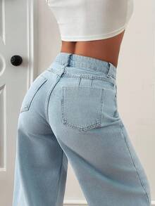 EURMUSE Quần Jeans Ống Rộng Nâng Ngực Cạp Cao Màu Xanh Da Trời Thập Niên 90 - Rửa nhẹ - Xem 1