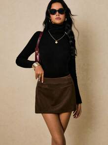 Poéselle 女式纯色仿麂皮仿口袋时尚迷你裙 - 棕色 - 查看 3