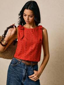 Poéselle 女式休闲无袖上衣，肩部有刺绣和结饰 - 紅色 - 查看 6