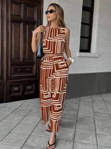 Pariaura Bộ 2 món/Bộ đồ lót nữ họa tiết sọc hoa thời trang và quần dài, phong cách nghỉ dưỡng bãi biển thường ngày, trang phục mùa hè cho sinh viên - Màu Cam cháy - Xem 4