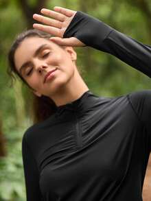 SHEIN In My Nature Áo thun thể thao dài tay màu trơn thường ngày dành cho nữ - màu đen - Xem 10