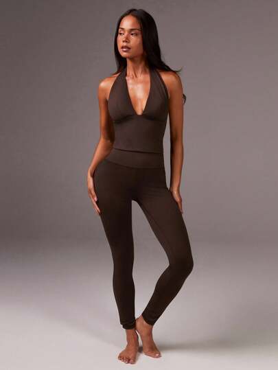 Athîral Women's Solid Color Halter Neck Backless Top And Pants Sports Suit,Women Sets Two Piece,
Gym Women Clothes