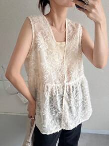 FRIFUL Veste sans manches ample en tissu texturé à col en V pour femmes