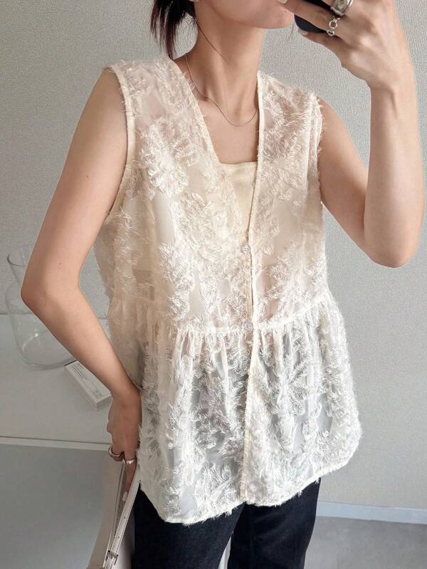FRIFUL Veste sans manches ample en tissu texturé à col en V pour femmes