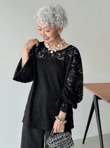 FRIFUL Women's V-Neck Loose Comfortable Solid Color Lace Blouse Long Sleeve Women Tops - Black - View 3