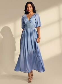 Almamuse 女式纯色褶皱优雅系腰摆连衣裙 - 藍色 - 查看 5