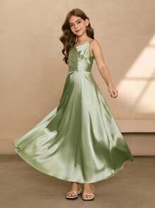花童伴娘缎带褶饰长裙，精致风格，适合婚礼、万圣节、毕业典礼、舞会、生日派对 - 綠色 - 查看 3