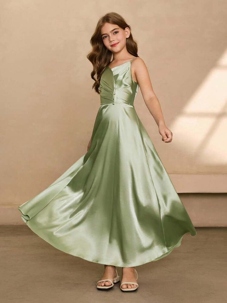 花童伴娘缎带褶饰长裙，精致风格，适合婚礼、万圣节、毕业典礼、舞会、生日派对 - 綠色 - 查看 3