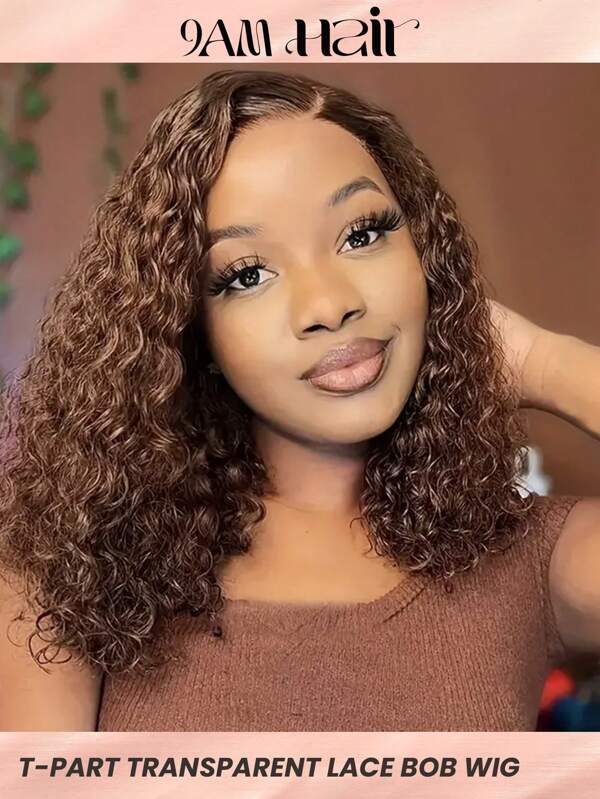 Peluca con encaje frontal de cabello humano virgen brasileño rizado tipo bob, color marrón chocolate, estilo ondas profundas en agua, parte lateral, 11*4*0.5 pulgadas, 150% de densidad, look elegante para mujeres