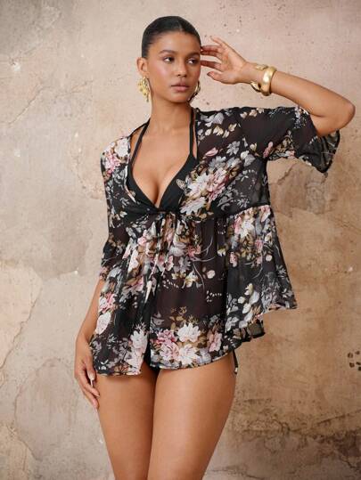 Swim Lushoire Kimono de mujer con estampado floral de gasa, liviano y fluido para viajes