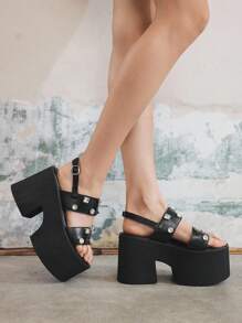 Sugerpunk 女鞋带可调节双水钻带，圆头厚底 4.5 英寸高跟哥特朋克风格黑色皮革厚底坡跟凉鞋，适合夏季户外、通勤、派对 - 黑色 - 查看 7