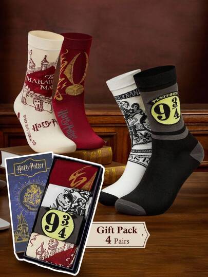 HARRY POTTER X SHEIN 4 Pairs Soft & Breathable Moisture-Wicking Casual Men Crew Socks With Fashionable Black & White Crew Socks Reinforced Toe & Heel For Durability Unisex For Men & Women All Season All-Match