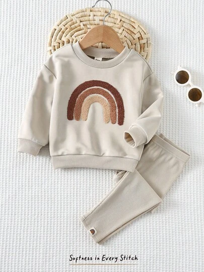 Cozy Pixies 两件套女童彩虹图案针织柔软圆领长袖卫衣和松紧腰裤，舒适百搭时尚休闲基础款套装，适合室内、室外、休闲、滑雪、返校、日常穿着、运动、玩耍、派对、节日、万圣节、圣诞节、新年、情人节、复活节、旅行等各种场合。