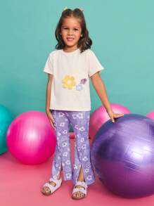 SHEIN Young Girl Casual Floral Printed Split-Design Flare Pants Set, Comfortable ,Back To School Season, Christmas