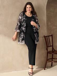 Chikora Conjunto de 3 piezas de talla grande: cárdigan de malla bordada floral elegante, top de tirantes y pantalones - Negro - Ver 4