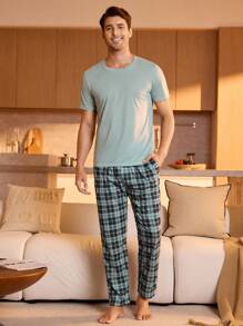 Men's Solid Color Short Sleeve T-Shirt And Plaid Pants Homewear Set