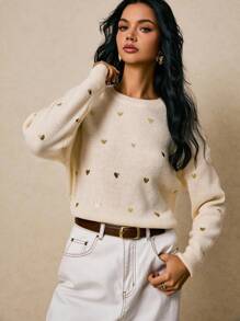 Poéselle Women's Heart Pattern Crew Neck Casual Versatile Long Sleeve Pullover Sweater, Women Sweaters, Heart Sweater, Gold Heart Sweater In Fall/Winter - Apricot - View 6