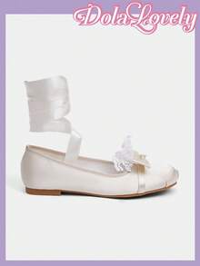 Dola Lovely Women's Apricot Cute Round Toe Flat Shoes With Lace Bowknot, Low Vamp Lolita Style, Romantic Gift Suitable For Party, Christmas, Halloween And Other Occasions