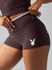 Missguided x Playboy 高腰弹力短裤复古兔子标志运动休闲短裤 - 咖啡棕 - 查看 6