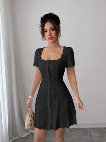 Rafferiza Women's Elegant Solid Color Button Front Dress Summer Dress