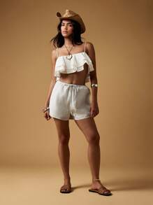 MISSGUIDED Diamond Studded Striped Loose Lounge Shorts Elastic Waist Tie Front Beachwear Summer Bohemian Vacation Drawstring Resort Wear Comfortable Casual Bottoms - Blue and White - View 5