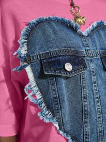 Denim Heart Design Oversize T-Shirt, Cotton Material, Round Neck, Decorative Denim Pocket Detail, Distressed Heart Pattern, Short Sleeves, Casual Wear, Creative Style, Regular Fit, Statement Piece, Perfect For Daily Wear, Unique Design Element, Breathable Cotton Fabric - Baby Pink - View 3