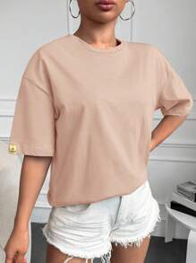 Cottnline 100% 纯棉 2 件套休闲宽松圆领短袖 T 恤，纯白色和米色，适合女士，完美的夏季百搭上衣 - 彩色 - 查看 3