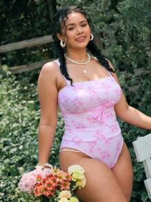 Đồ bơi Tankini hở vai họa tiết hoa ngọt ngào dành cho nữ cỡ lớn Swim Mod, Xuân/Hè - Hồng - Xem 3