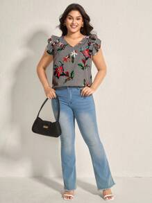 Comfylo Blusa casual de rayas con cuello en V, volantes y corazón, ideal para el Día de San Valentín, verano y primavera, tallas grandes para mujer