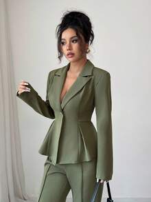 Elenzga 女士秋季长袖西装套装优雅时尚浪漫修身商务 - 軍綠色 - 查看 5