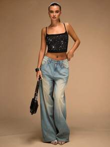 SHEIN BAE 女士休闲时尚水钻装饰性感短款吊带背心 - 黑色 - 查看 3