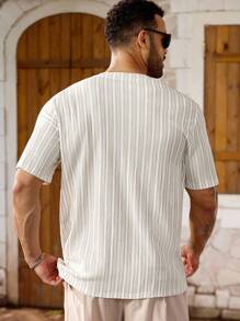 Manfinity Homme T-shirt casual da uomo taglia extra con scollo a girocollo, maniche corte e righe per l'estate - Albicocca - Visualizzare 5