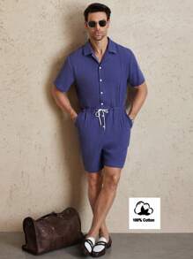 Manfinity Homme Combinaison décontractée d'été pour homme, couleur unie, bouton, demi-zip, cordon de serrage à la taille, manches courtes