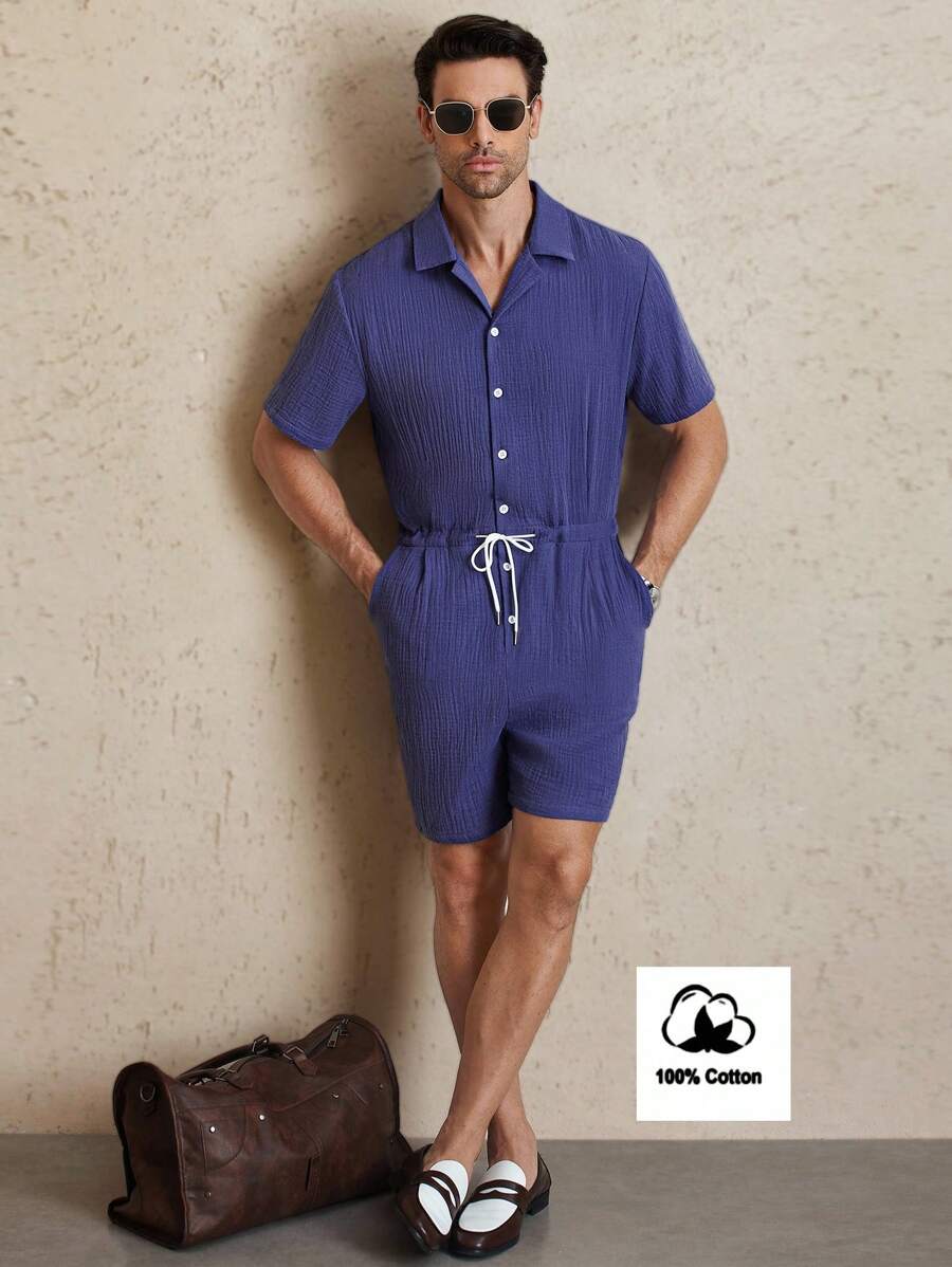 Manfinity Homme Combinaison décontractée d'été pour homme, couleur unie, bouton, demi-zip, cordon de serrage à la taille, manches courtes