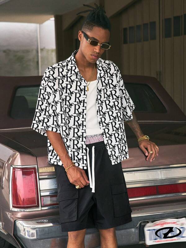 AXEPEAK Herrset med kortärmad skjorta med bokstavstryck och shorts med dragsko i midjan, 2 delar