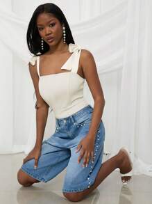 NYA SZN Bodysuit Spring Bow Strap Square Neck Cheeky Festival Summer Vacation Office Coquette Siren Preppy Casualwear Statement Festival Carnival Outfits For Women - White - View 2