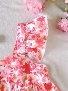 SHEIN Tween Girls' Casual Simple Comfy Square Neck Floral Print Cap Sleeve Shirt