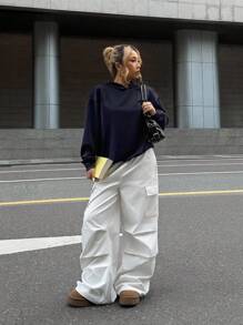 SHEIN 少女休闲宽松舒适连帽运动衫和裤子套装，简约设计，带有数字印花 - 藏蓝色 - 查看 2