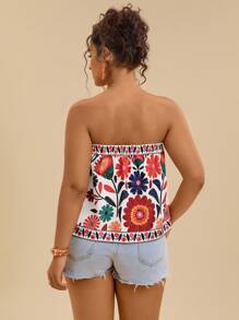 Travachic 加大码露肩波西米亚风上衣，带有彩色花卉图案和褶边细节花卉抹胸露肩上衣夏季抹胸抹胸女式露肩上衣，女士假日服装