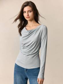 BizChic 2025夏季新款雾蓝色垂褶领长袖女式T恤，商务休闲日常通勤优雅海滩度假之选，适合婚礼宾客、乡村音乐节、早餐、机场等场合，90年代复古斯德哥尔摩风格，独立日 - 淺灰色 - 查看 5